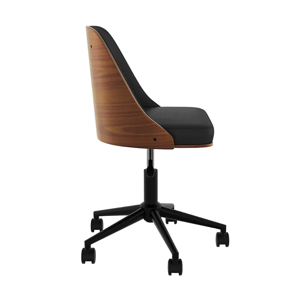 Chaise de bureau pivotante sur roulettes en bois foncé et PU noir - Georges