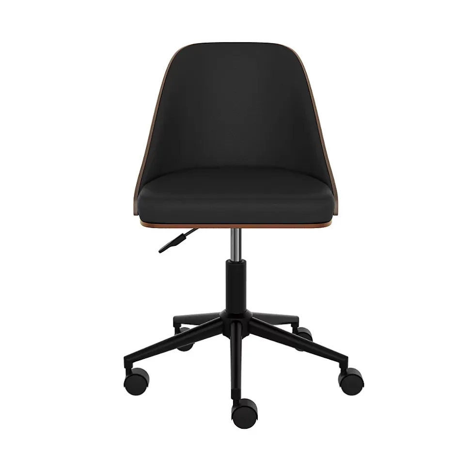 Chaise de bureau pivotante sur roulettes en bois foncé et PU noir - Georges