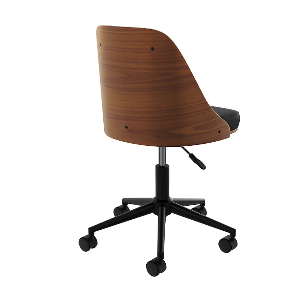 Chaise de bureau pivotante sur roulettes en bois foncé et PU noir - Georges