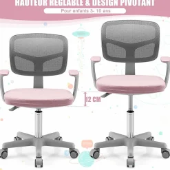 Chaise de Bureau pour Enfant Chaise Etude avec Dossier Ergonomique et Siege Hauteur Reglable Capacite de Charge Max 150 Kg Rose