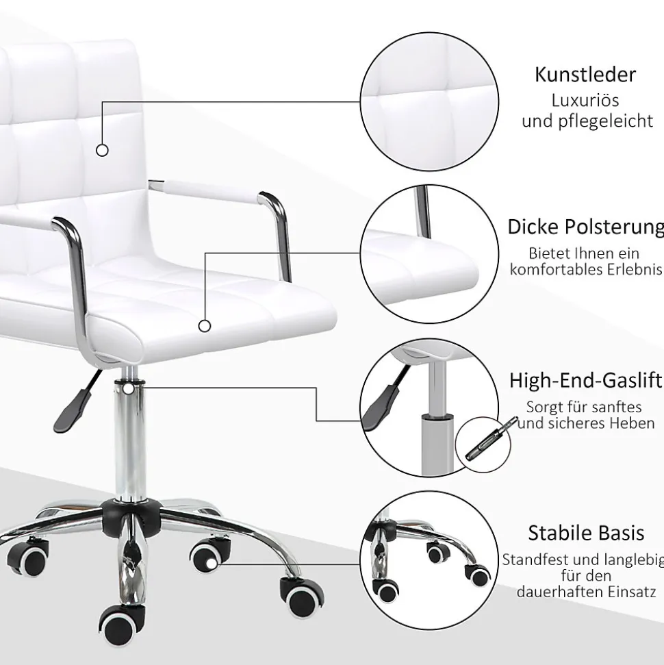 Chaise de bureau réglable fauteuil ergonomique pivotant pour bureau home office revêtement simili cuir PU blanc confortable