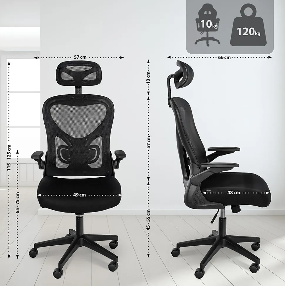 Chaise de bureau Roseburg, ajustable hauteur, pivotante, soutien lombaire, revêtement mesh respirant. Noir