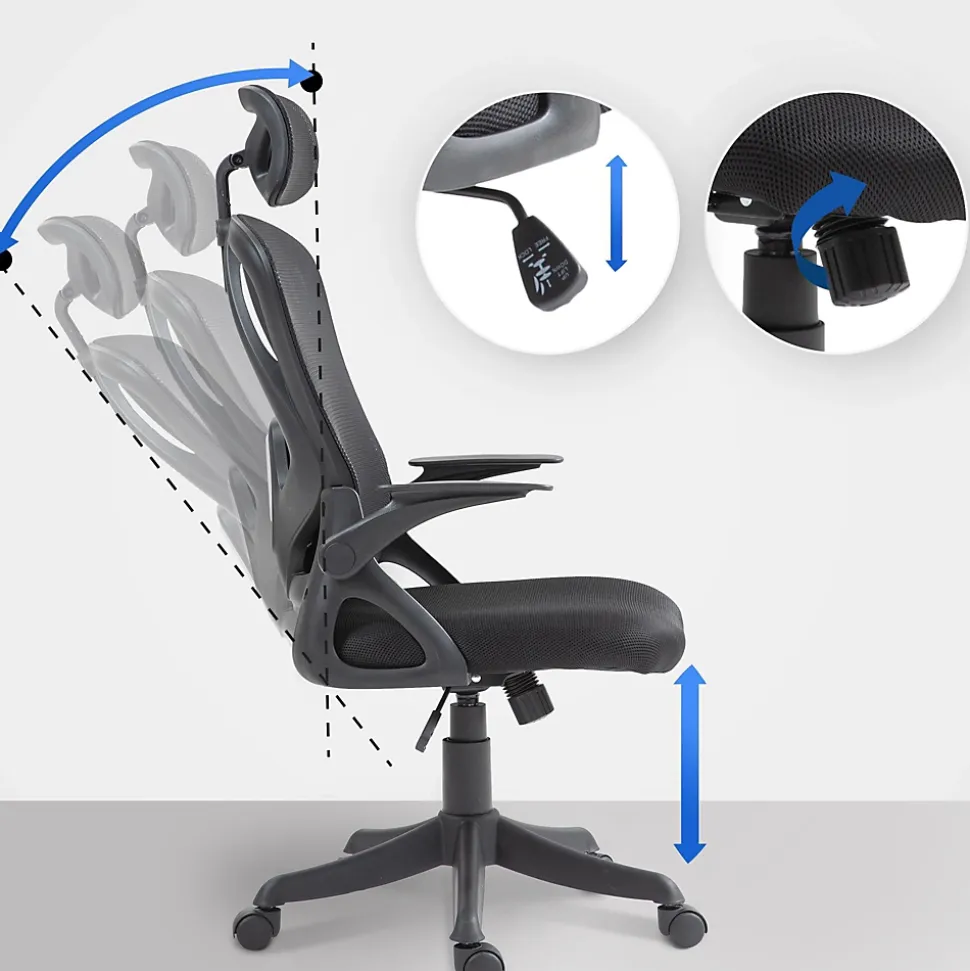 Chaise de bureau Taos, Chaise de bureau ergonomique avec appui-tête et accoudoirs, Chaise pivotante réglable en hauteur Noir