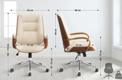 Chaise de Bureau Yankton avec Coque en Bois, Revêtement similicuir, Siège Rembourré, Piètement Métal Noyer/Crème