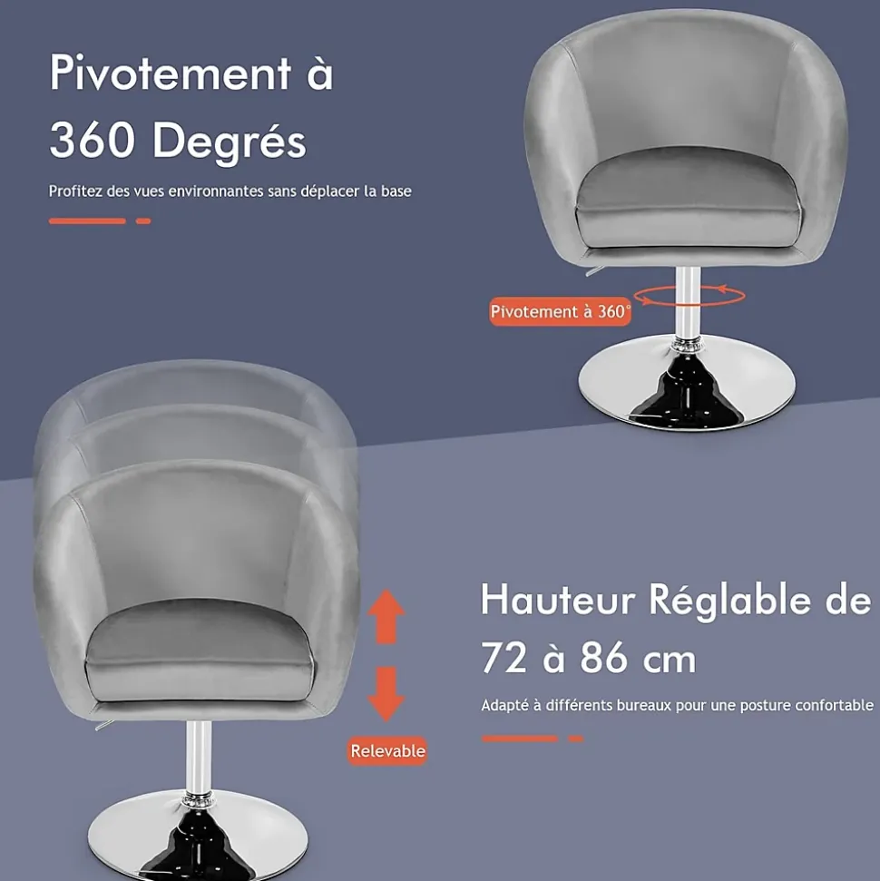 Chaise de Coiffeuse en Velours Tabouret de Bar Réglable en Hauteur 13CM avec Dossier Rond Base en Métal Gris
