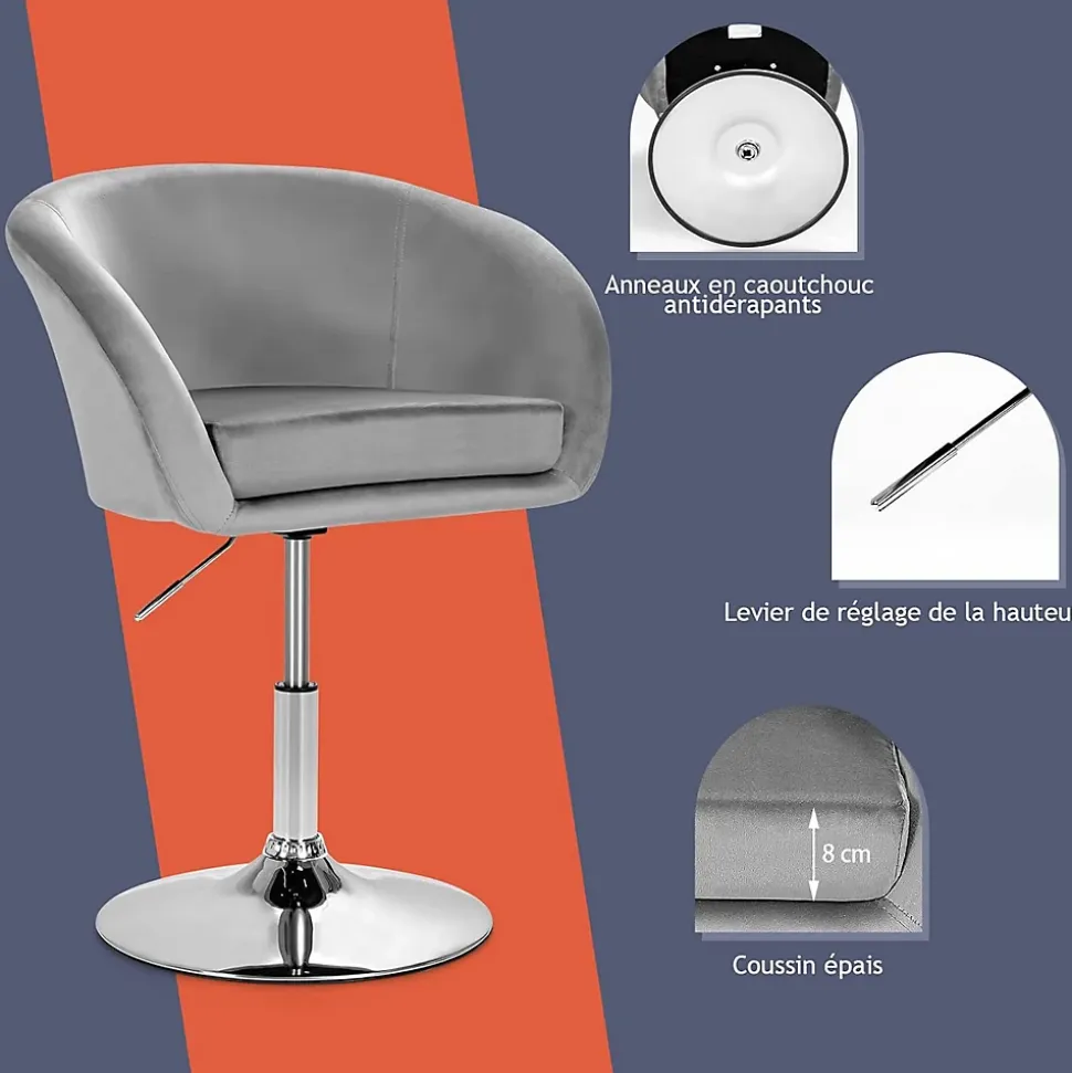 Chaise de Coiffeuse en Velours Tabouret de Bar Réglable en Hauteur 13CM avec Dossier Rond Base en Métal Gris