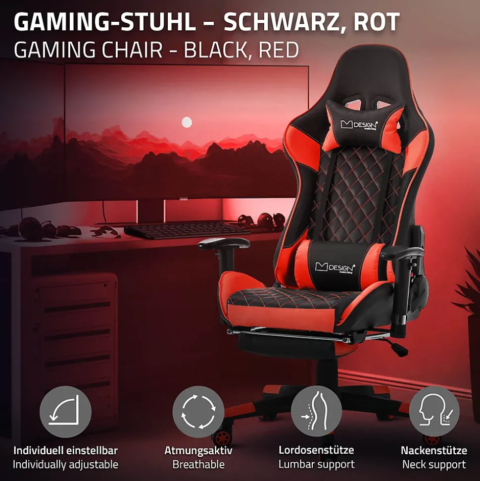 Chaise de jeu d'ordinateur pivotante et réglable ergonomique chaise noir-rouge