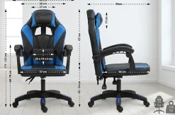 Chaise gaming Orkney similicuir, chaise bureau ergonomique avec coussin lombaire, dossier réglable, appuie-tête Noir/Bleu