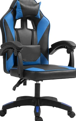Chaise gaming Orkney similicuir, chaise bureau ergonomique avec coussin lombaire, dossier réglable, appuie-tête Noir/Bleu