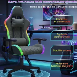 Chaise Gaming/Bureau LED RGB avec Massage Lombaire, Dossier Inclinable, Accoudoirs 2D, Pour Ados & Adultes