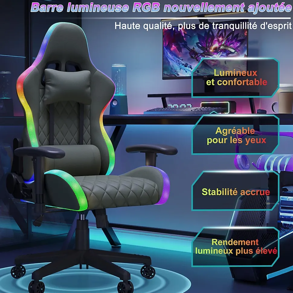 Chaise Gaming/Bureau LED RGB avec Massage Lombaire, Dossier Inclinable, Accoudoirs 2D, Pour Ados & Adultes