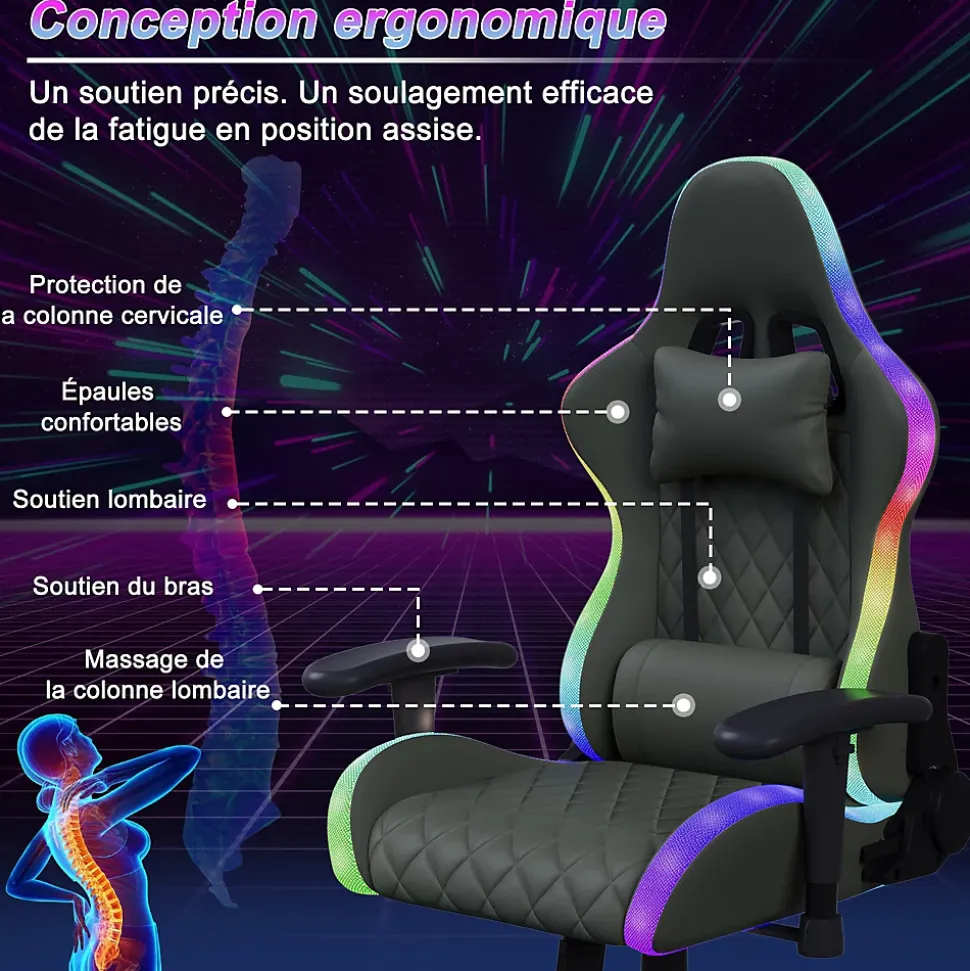 Chaise Gaming/Bureau LED RGB avec Massage Lombaire, Dossier Inclinable, Accoudoirs 2D, Pour Ados & Adultes