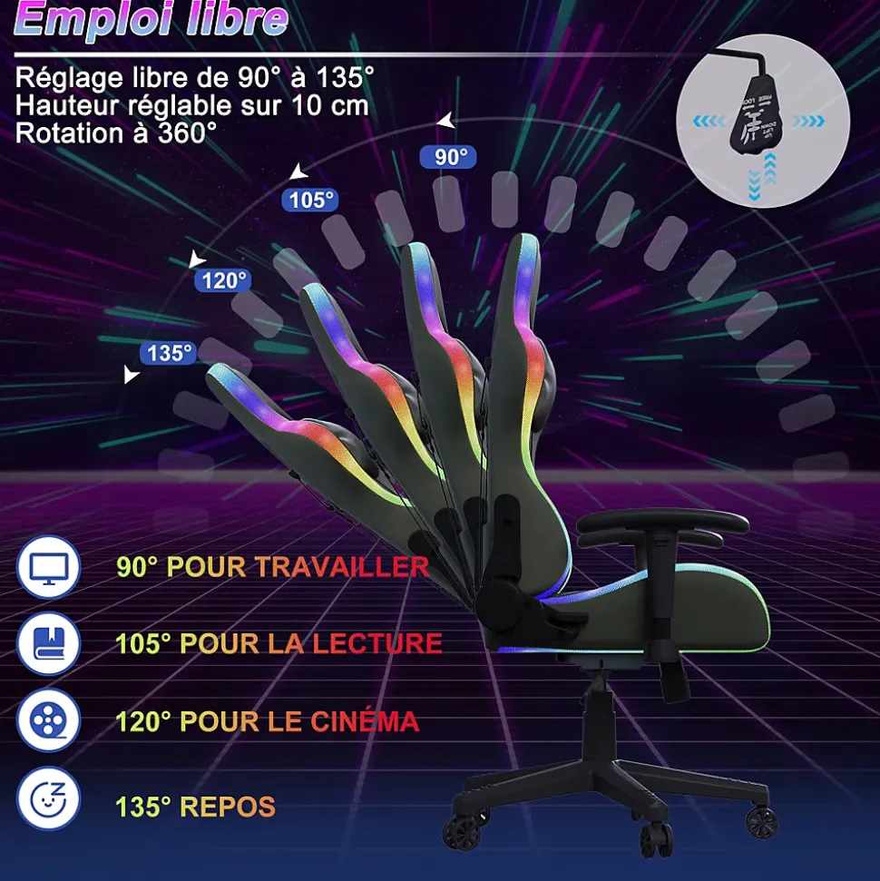 Chaise Gaming/Bureau LED RGB avec Massage Lombaire, Dossier Inclinable, Accoudoirs 2D, Pour Ados & Adultes