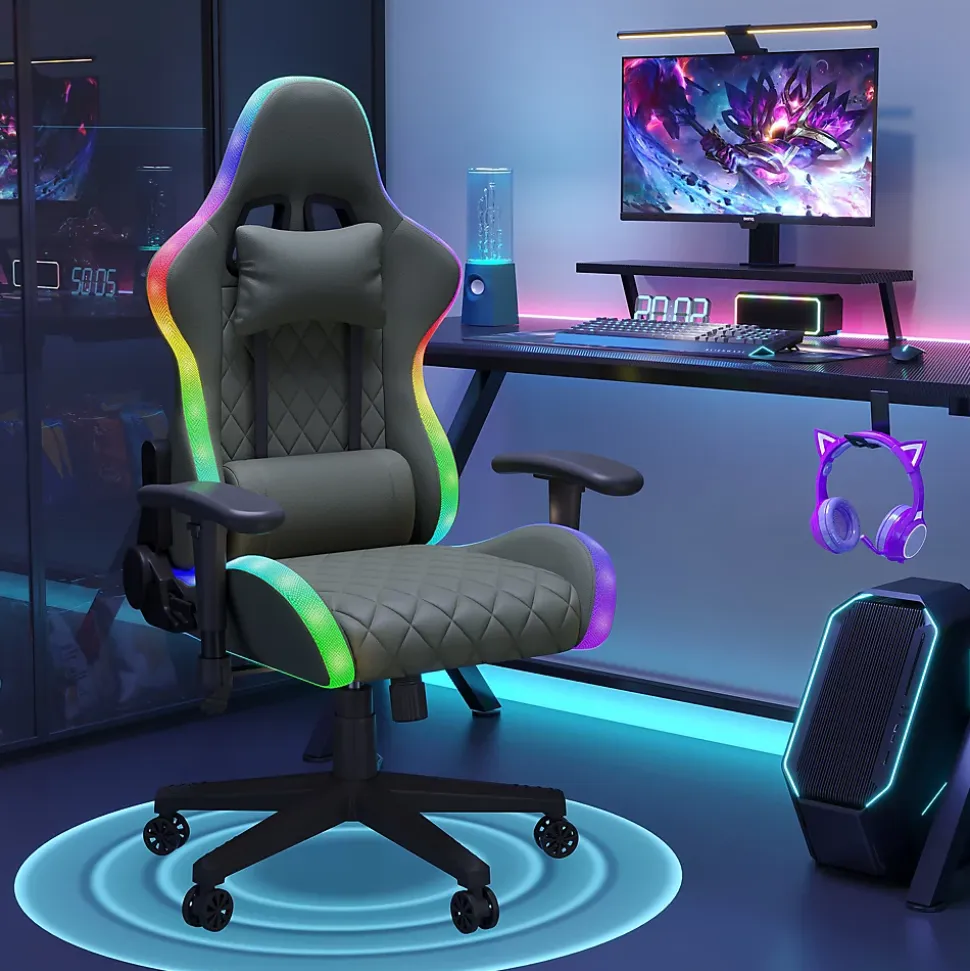 Chaise Gaming/Bureau LED RGB avec Massage Lombaire, Dossier Inclinable, Accoudoirs 2D, Pour Ados & Adultes