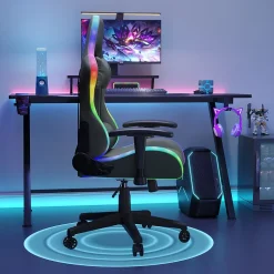 Chaise Gaming/Bureau LED RGB avec Massage Lombaire, Dossier Inclinable, Accoudoirs 2D, Pour Ados & Adultes