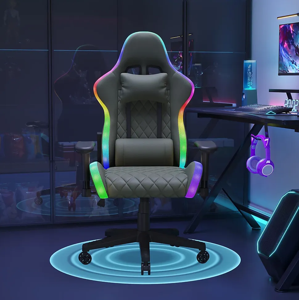 Chaise Gaming/Bureau LED RGB avec Massage Lombaire, Dossier Inclinable, Accoudoirs 2D, Pour Ados & Adultes