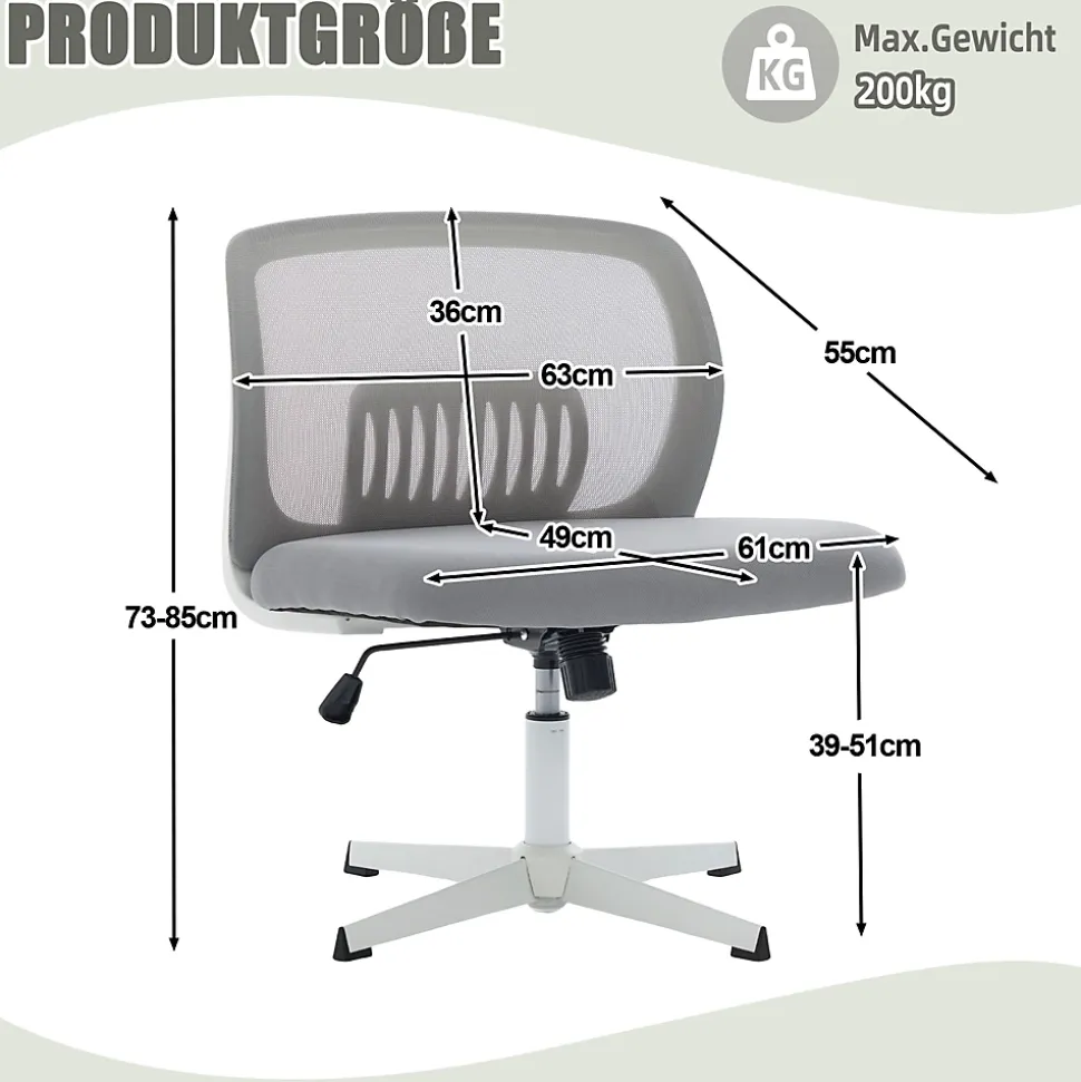 Chaise hauteur d assise 39-51 cm 61x55x73-85 cm sans accoudoirs assise large en mesh gris pivotante 360