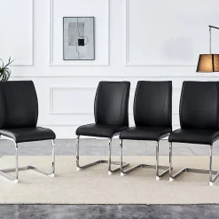Chaise hauteur d assise 45 cm en similicuir noir assise rembourree pieds metal argente style europeen