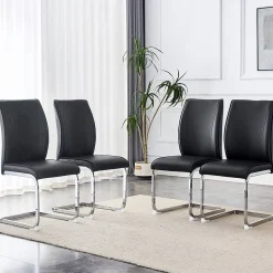 Chaise hauteur d assise 45 cm en similicuir noir assise rembourree pieds metal argente style europeen
