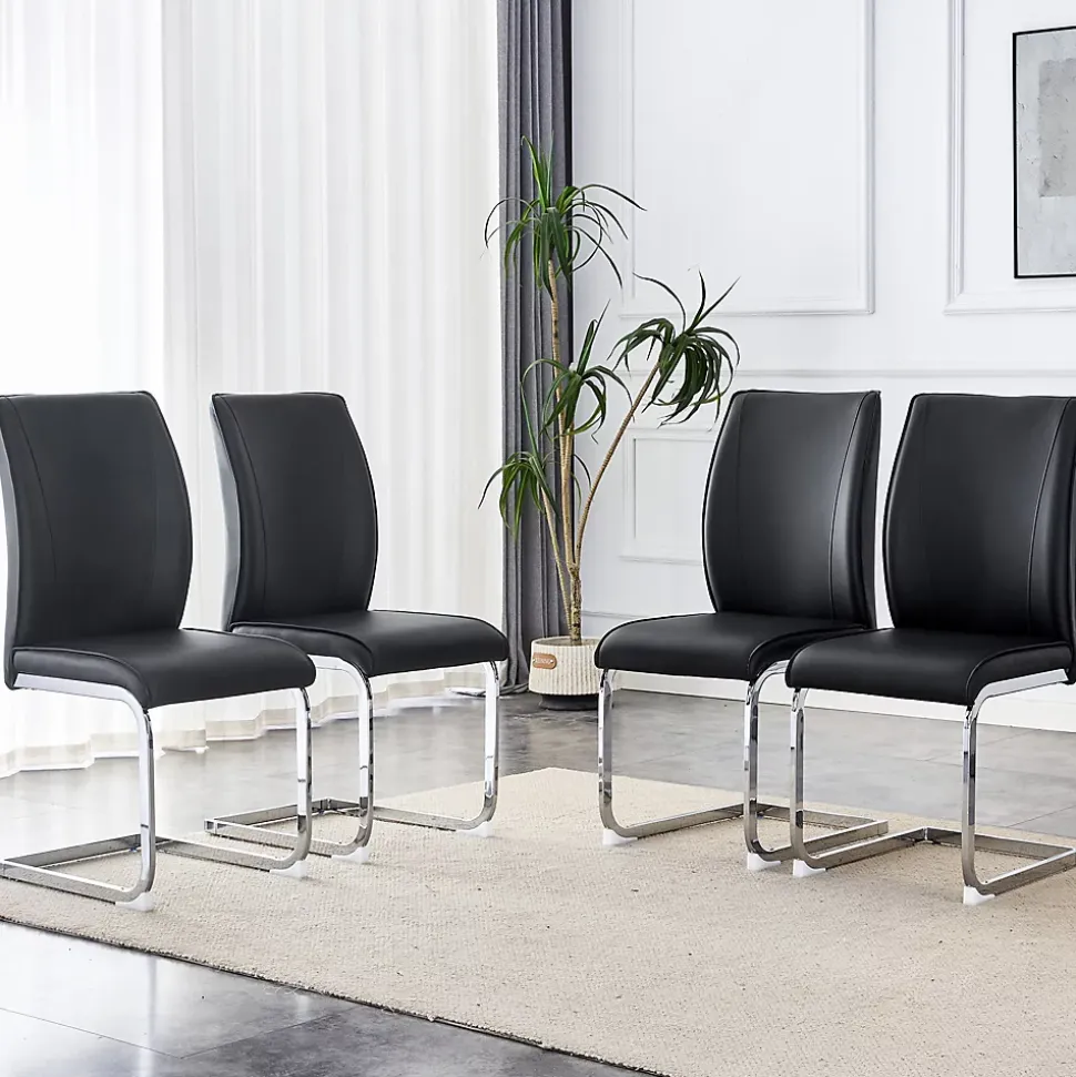 Chaise hauteur d assise 45 cm en similicuir noir assise rembourree pieds metal argente style europeen