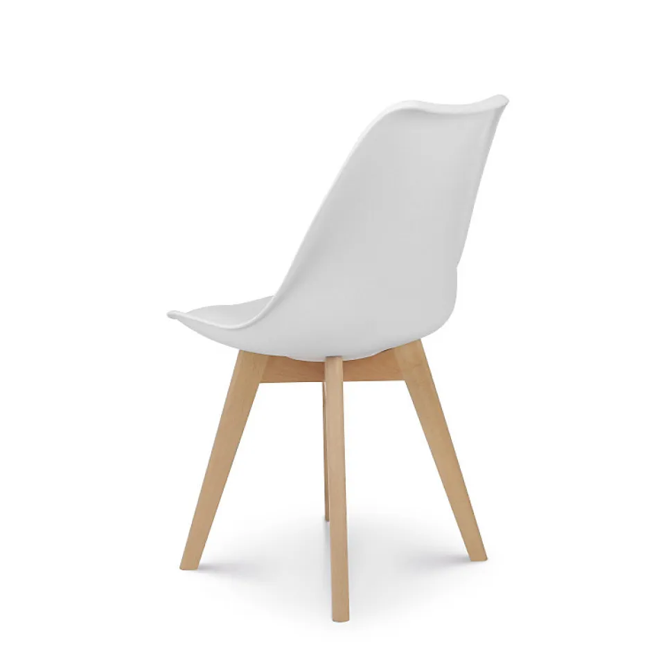 Chaise style scandinave VICTOIRE Coque en résine blanche rembourrée et pieds en bois naturel