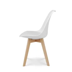 Chaise style scandinave VICTOIRE Coque en résine blanche rembourrée et pieds en bois naturel