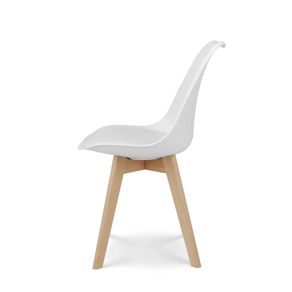 Chaise style scandinave VICTOIRE Coque en résine blanche rembourrée et pieds en bois naturel