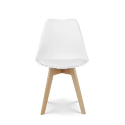 Chaise style scandinave VICTOIRE Coque en résine blanche rembourrée et pieds en bois naturel