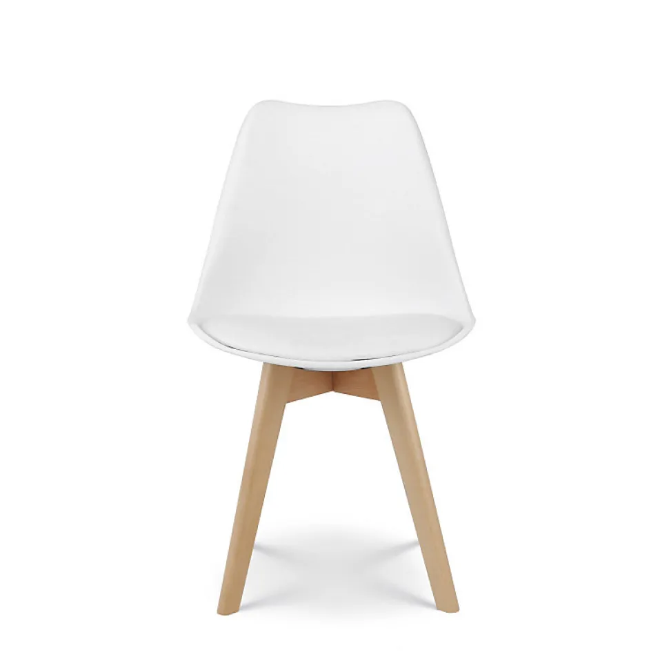 Chaise style scandinave VICTOIRE Coque en résine blanche rembourrée et pieds en bois naturel