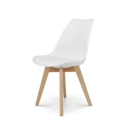 Chaise style scandinave VICTOIRE Coque en résine blanche rembourrée et pieds en bois naturel