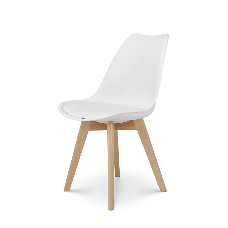 Chaise style scandinave VICTOIRE Coque en résine blanche rembourrée et pieds en bois naturel