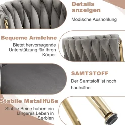 Chaises de Salle à Manger Lot de 2, Chaises en Velours avec Pieds Métal Doré, Style Moderne pour Salon et Chambre - Gris