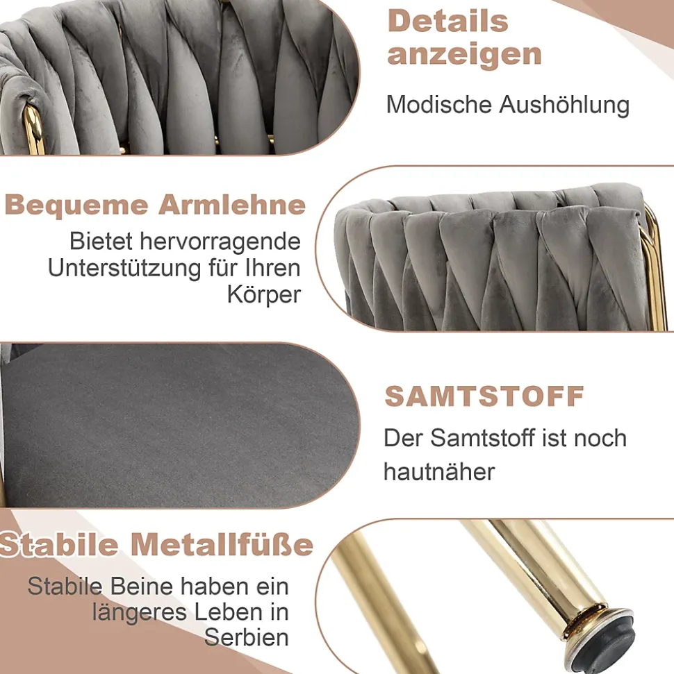 Chaises de Salle à Manger Lot de 2, Chaises en Velours avec Pieds Métal Doré, Style Moderne pour Salon et Chambre - Gris