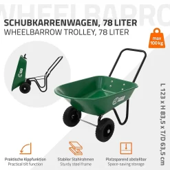 Chariot à brouette ECD Germany 78L basculante cadre en acier avec 2 pneus et bac charge de 100 kg