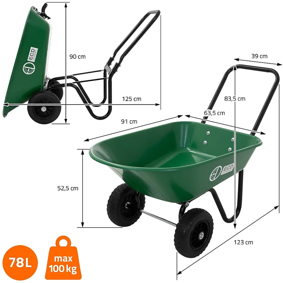 Chariot à brouette ECD Germany 78L basculante cadre en acier avec 2 pneus et bac charge de 100 kg