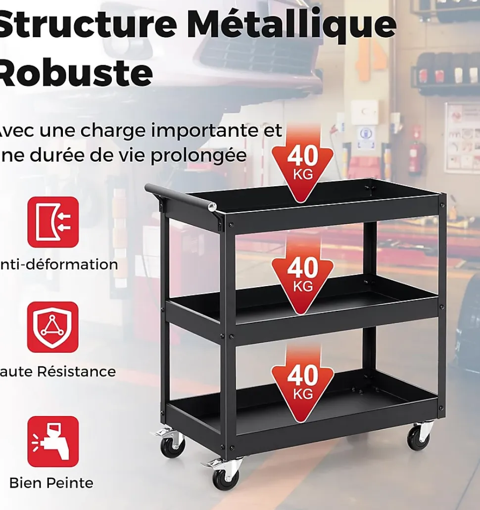 Chariot à Outils 3 Niveaux avec 4 Roues Universelles et Poignée Latérale,Servante d'Atelier Roulant 76 x 38 x 76 cm (Noir)