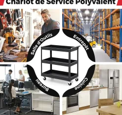 Chariot à Outils 3 Niveaux avec 4 Roues Universelles et Poignée Latérale,Servante d'Atelier Roulant 76 x 38 x 76 cm (Noir)