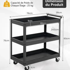 Chariot à Outils 3 Niveaux avec 4 Roues Universelles et Poignée Latérale,Servante d'Atelier Roulant 76 x 38 x 76 cm (Noir)