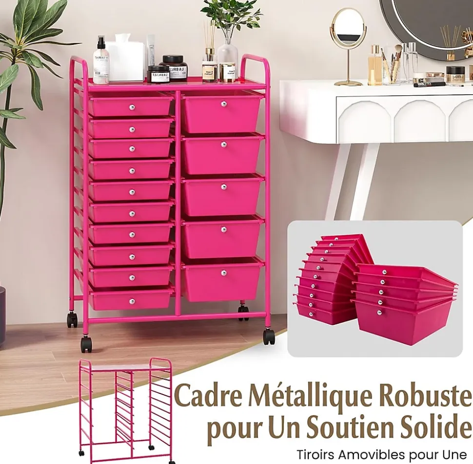 Chariot à roulettes avec 15 Tiroirs Cadre en Fer Tiroirs en Plastique Chariot de Rangement à 4 Roulettes Rose Foncé