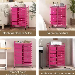 Chariot à roulettes avec 15 Tiroirs Cadre en Fer Tiroirs en Plastique Chariot de Rangement à 4 Roulettes Rose Foncé