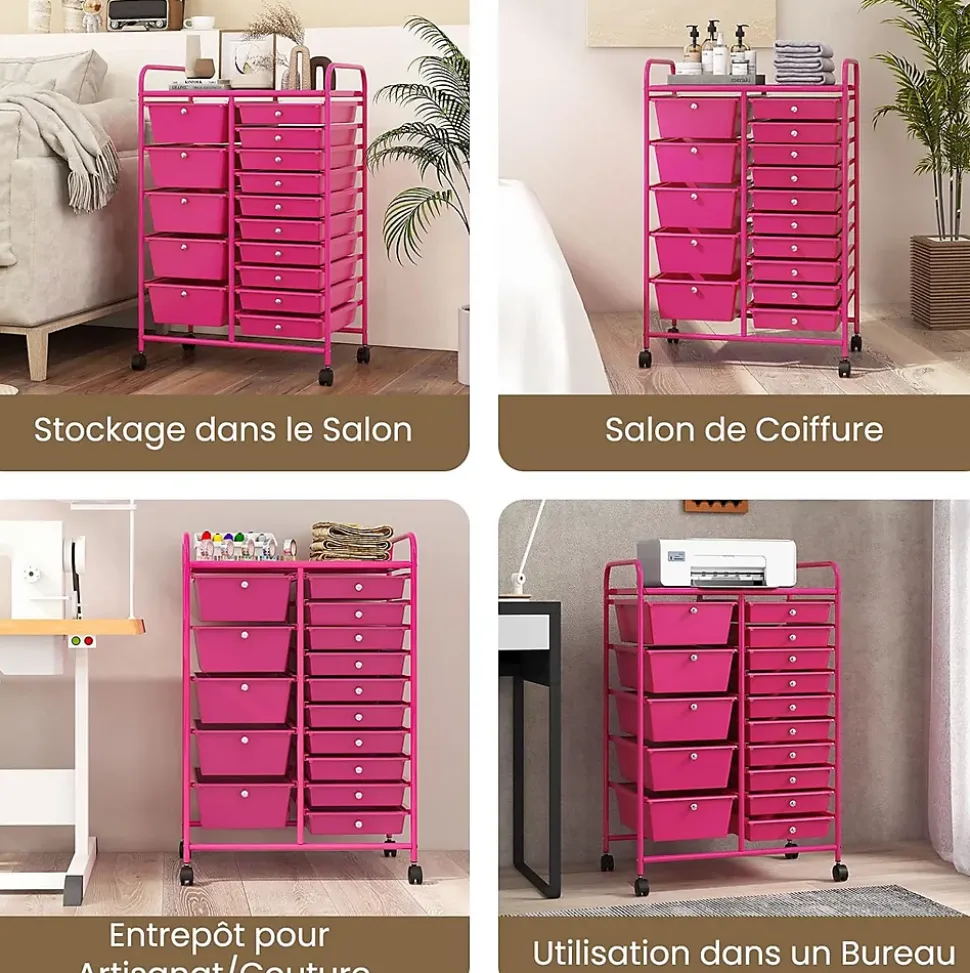 Chariot à roulettes avec 15 Tiroirs Cadre en Fer Tiroirs en Plastique Chariot de Rangement à 4 Roulettes Rose Foncé