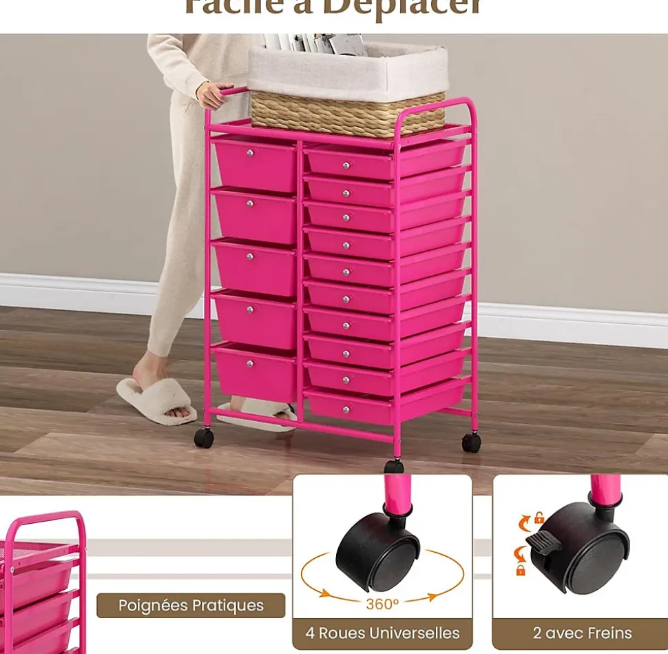 Chariot à roulettes avec 15 Tiroirs Cadre en Fer Tiroirs en Plastique Chariot de Rangement à 4 Roulettes Rose Foncé
