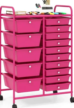 Chariot à roulettes avec 15 Tiroirs Cadre en Fer Tiroirs en Plastique Chariot de Rangement à 4 Roulettes Rose Foncé