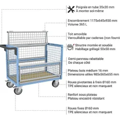 Chariot conteneur grillagé fermé - Plateau 985x565mm - Charge max 500kg - 800726223