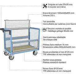 Chariot conteneur grillagé fermé - Plateau 835X465mm - Charge 250kg - 800726113