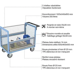 Chariot conteneur grillagé - Plateau 835x465mm - Roll conteneur charge max 250kg - 800726111