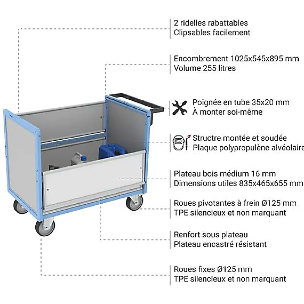 Chariot conteneur industriel pour produits chimiques - Plateau 835x465mm - Charge max 250kg - 800726112