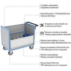 Chariot conteneur ouvert pour produits chimiques - Plateau 985x565mm - Charge max 500kg - 800726222