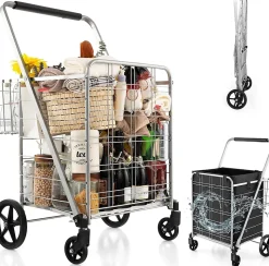 Chariot de Courses Pliable Charge 100KG 2 Roues Pivotantes avec Panier Doublure en Oxford Argent