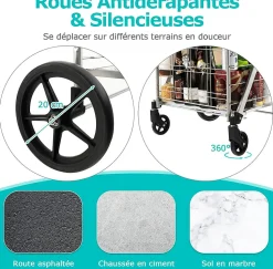 Chariot de Courses Pliable Charge 100KG 2 Roues Pivotantes avec Panier Doublure en Oxford Argent
